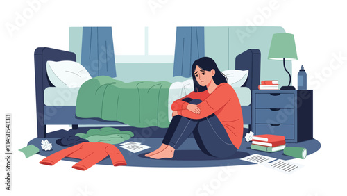 Person feeling anxious alone in bedroom, modern flat vector illustration raising mental health awareness, ideal for healthcare, psychology, and social issue topics