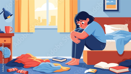 Person feeling anxious alone in bedroom, modern flat vector illustration raising mental health awareness, ideal for healthcare, psychology, and social issue topics