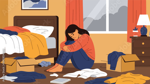 Person feeling anxious alone in bedroom, modern flat vector illustration raising mental health awareness, ideal for healthcare, psychology, and social issue topics