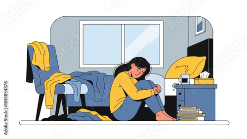 Person feeling anxious alone in bedroom, modern flat vector illustration raising mental health awareness, ideal for healthcare, psychology, and social issue topics