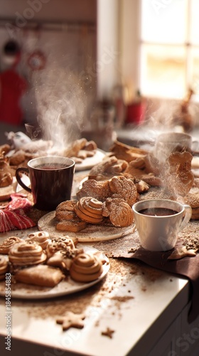 hyper realistic photo of homemade Christmas desserts on a kitchen table, gingerbread cookies