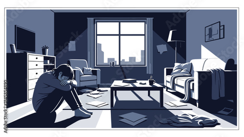 Depressed individual inside a modern apartment, flat vector illustration highlighting emotional isolation and mental health issues, ideal for awareness and healthcare design