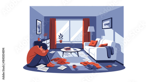 Depressed individual inside a modern apartment, flat vector illustration highlighting emotional isolation and mental health issues, ideal for awareness and healthcare design