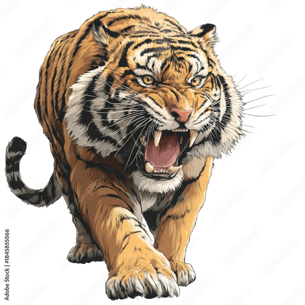 Fototapeta premium An aggressive snarling tiger walking forward illustration.
