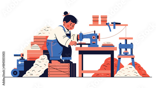 Child labor depicted inside a small factory, modern flat vector illustration raising awareness of global social problems, ideal for education and humanitarian content