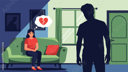 Symbolic domestic violence awareness scene inside a home, modern flat vector illustration addressing sensitive social issues, ideal for education and advocacy materials