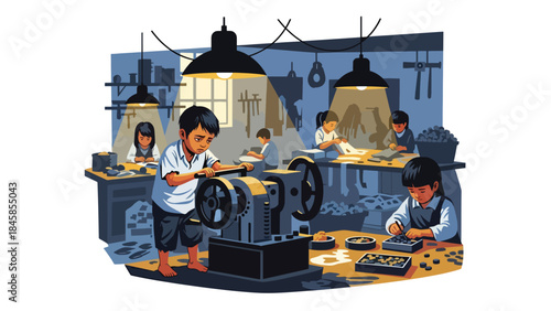 Child labor depicted inside a small factory, modern flat vector illustration raising awareness of global social problems, ideal for education and humanitarian content