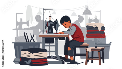 Child labor depicted inside a small factory, modern flat vector illustration raising awareness of global social problems, ideal for education and humanitarian content