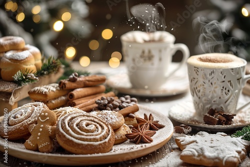 hyper realistic photo of homemade Christmas desserts on a kitchen table, gingerbread cookies