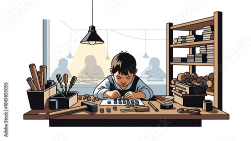 Child labor depicted inside a small factory, modern flat vector illustration raising awareness of global social problems, ideal for education and humanitarian content