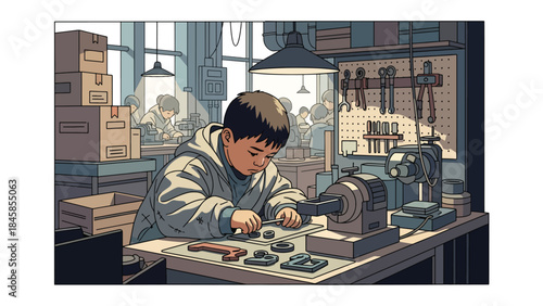 Child labor depicted inside a small factory, modern flat vector illustration raising awareness of global social problems, ideal for education and humanitarian content