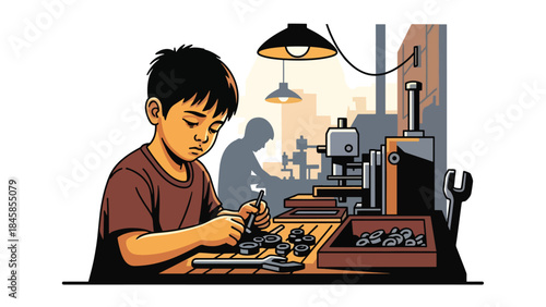 Child labor depicted inside a small factory, modern flat vector illustration raising awareness of global social problems, ideal for education and humanitarian content