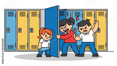 Child experiencing bullying in a school hallway, modern flat vector illustration raising social and emotional awareness, ideal for education and child protection themes