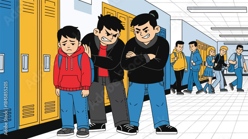 Child experiencing bullying in a school hallway, modern flat vector illustration raising social and emotional awareness, ideal for education and child protection themes