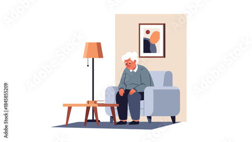 Elderly person sitting alone at home, modern flat vector illustration highlighting loneliness and aging society issues, ideal for social care and awareness projects