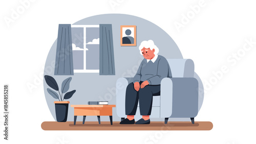 Elderly person sitting alone at home, modern flat vector illustration highlighting loneliness and aging society issues, ideal for social care and awareness projects