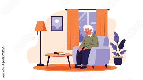 Elderly person sitting alone at home, modern flat vector illustration highlighting loneliness and aging society issues, ideal for social care and awareness projects