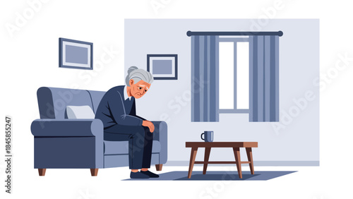 Elderly person sitting alone at home, modern flat vector illustration highlighting loneliness and aging society issues, ideal for social care and awareness projects
