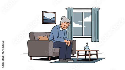 Elderly person sitting alone at home, modern flat vector illustration highlighting loneliness and aging society issues, ideal for social care and awareness projects