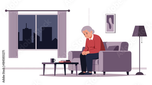 Elderly person sitting alone at home, modern flat vector illustration highlighting loneliness and aging society issues, ideal for social care and awareness projects