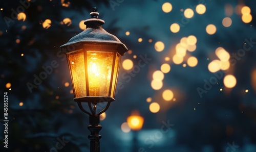 Vintage street lamp glowing warmly on a snowy evening, soft bokeh lights in the background creating a cozy winter night scene