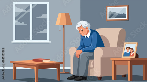 Elderly person sitting alone at home, modern flat vector illustration highlighting loneliness and aging society issues, ideal for social care and awareness projects