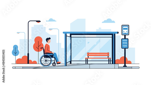 Inclusive public space with accessibility features for people with disabilities, modern flat vector illustration promoting equality, ideal for inclusion and urban design topics