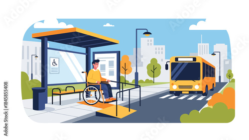 Inclusive public space with accessibility features for people with disabilities, modern flat vector illustration promoting equality, ideal for inclusion and urban design topics