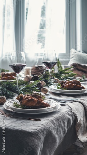 hyper realistic photograph of a modern luxury Christmas table, white porcelain plates
