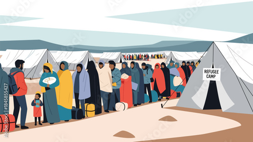 Refugees waiting at a temporary border camp, modern flat vector illustration showing humanitarian crisis, ideal for global awareness and aid-related content