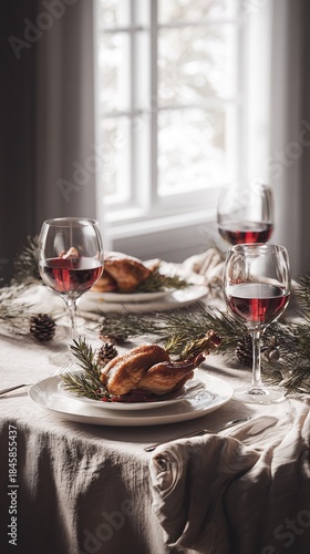 hyper realistic photograph of a modern luxury Christmas table, white porcelain plates