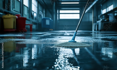 Wet floor being mopped in an industrial interior, bright overhead light casting clean reflections and enhancing sharp textures