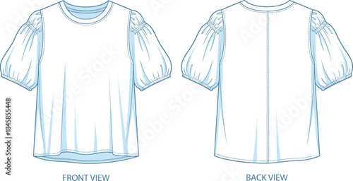 Puff sleeve blouse technical sketch, front and back view, fashion flat drawing, garment design template, round neckline, elastic cuff