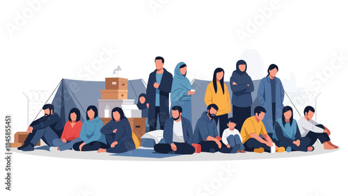 Refugees waiting at a temporary border camp, modern flat vector illustration showing humanitarian crisis, ideal for global awareness and aid-related content
