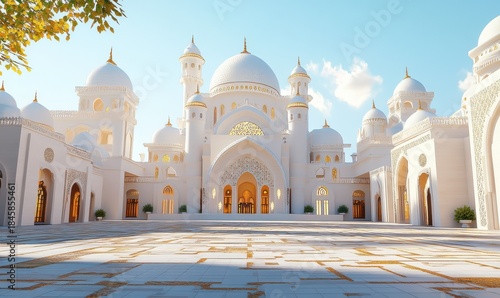 White grand mosque with intricate domes and archways under a clear blue sky, golden hour lighting casting long shadows, warm sandy tones,
