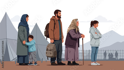 Refugees waiting at a temporary border camp, modern flat vector illustration showing humanitarian crisis, ideal for global awareness and aid-related content