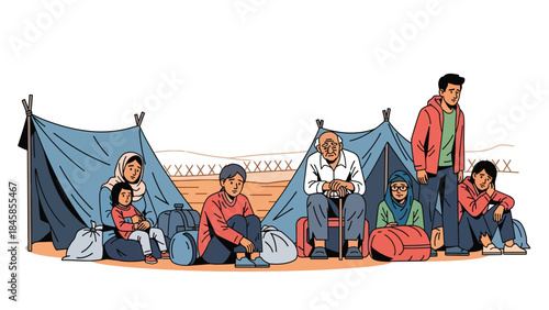 Refugees waiting at a temporary border camp, modern flat vector illustration showing humanitarian crisis, ideal for global awareness and aid-related content