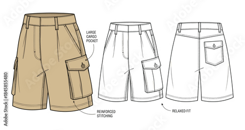 Cargo shorts technical fashion sketch, front and back view, flat vector illustration, garment design template, reinforced stitching, pocket detail