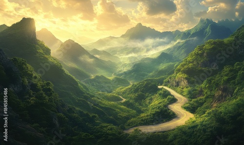 Winding mountain road surrounded by lush green hills and bathed in warm golden sunlight, creating a serene and adventurous landscape