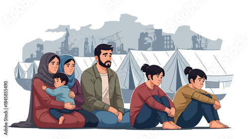 Refugees waiting at a temporary border camp, modern flat vector illustration showing humanitarian crisis, ideal for global awareness and aid-related content