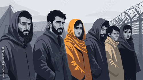 Refugees waiting at a temporary border camp, modern flat vector illustration showing humanitarian crisis, ideal for global awareness and aid-related content