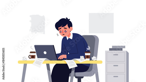 Exhausted employee working late in office, modern flat vector illustration addressing burnout and work pressure, ideal for workplace mental health topics