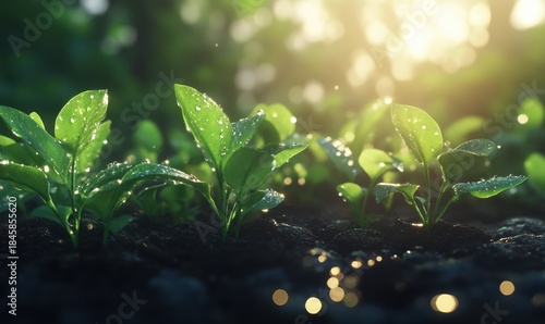 Young green plants growing in soil, illuminated by sunlight.