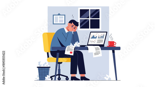 Exhausted employee working late in office, modern flat vector illustration addressing burnout and work pressure, ideal for workplace mental health topics