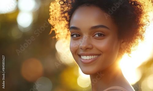 Smiling person with curly hair in sunlit outdoor setting.