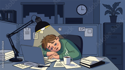Exhausted employee working late in office, modern flat vector illustration addressing burnout and work pressure, ideal for workplace mental health topics