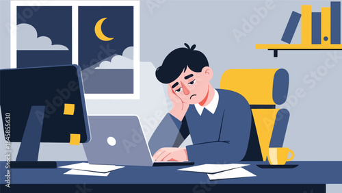 Exhausted employee working late in office, modern flat vector illustration addressing burnout and work pressure, ideal for workplace mental health topics