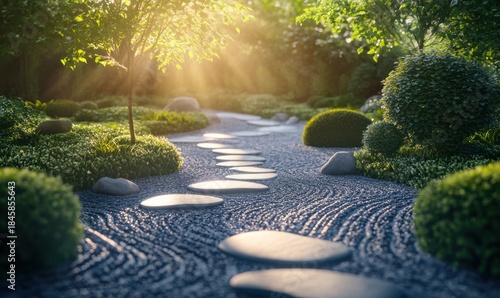 Sunlit garden path with stones and lush green foliage.