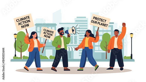 People protesting for environmental protection on city street, modern flat vector illustration highlighting climate activism, ideal for social and environmental campaigns