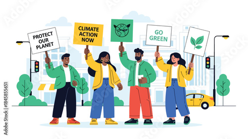 People protesting for environmental protection on city street, modern flat vector illustration highlighting climate activism, ideal for social and environmental campaigns